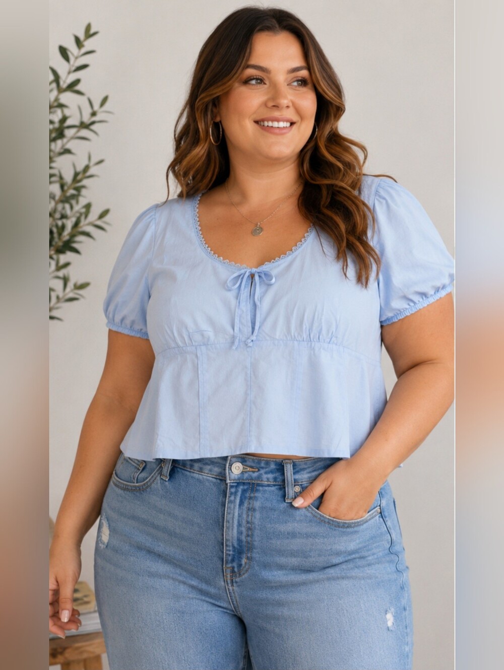 NWT Torrid Poplin Lace Trim Crop Top 6X Blue Cottagecore Peasant Blouse